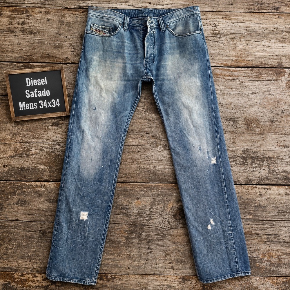 Diesel Safado Mens Jeans 34x34 Distressed Slim‎ Straight Blue Wash 0071J Italy